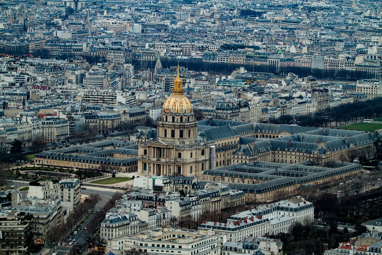 Aerial view of Les Invalides with its golden dome in the heart of Paris