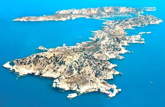 Aerial view of the Frioul Islands off the coast of Marseille in the Mediterranean Sea