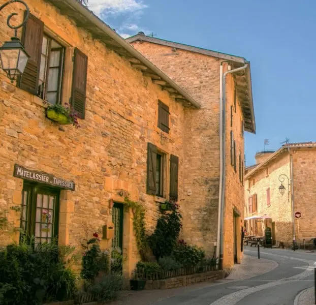 Charming stone houses in the medieval village of Oingt near Lyon, France