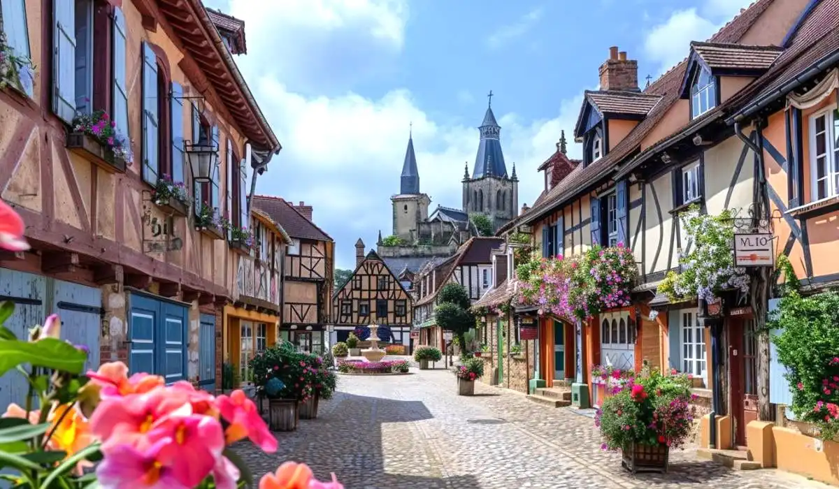 Colorful half-timbered houses in a flower-filled Normandy village near Caen, ideal for French immersion