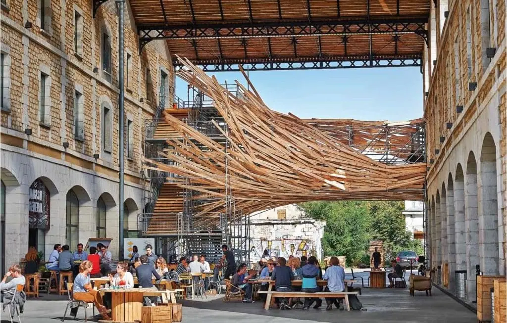 Darwin eco-friendly campus in Bordeaux with outdoor café and street art – cultural hotspot near our French school