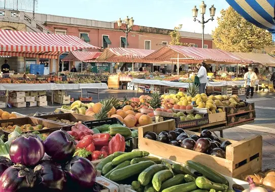 Fresh fruit and vegetable stalls at a traditional Provençal market in southern France