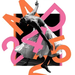 Graphic artwork of a dancer with colorful typography for Montpellier Danse Festival