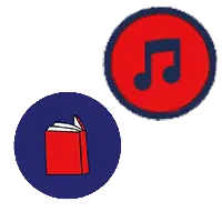 Icons of a book and a musical note representing fun and interactive French learning materials