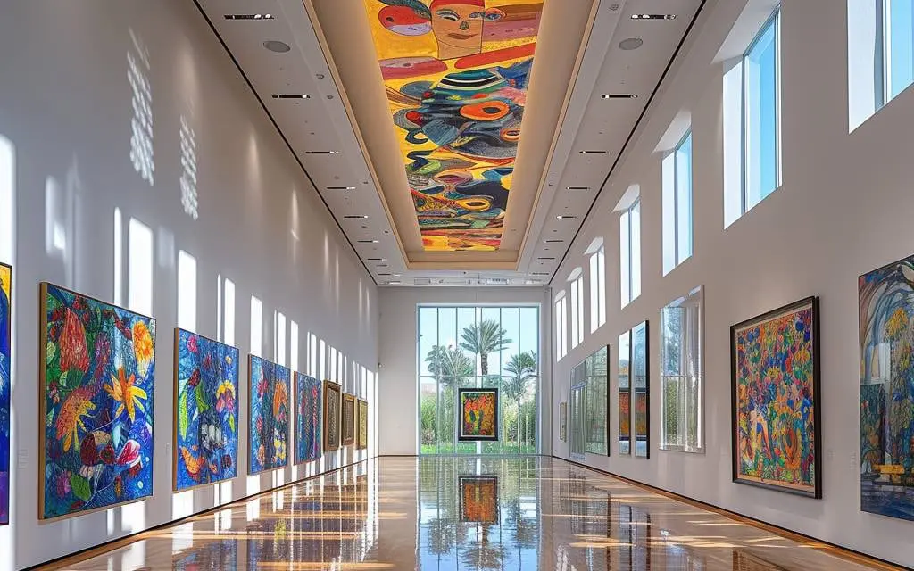 Interior of the Marc Chagall Museum in Nice with colorful paintings and ceiling artwork