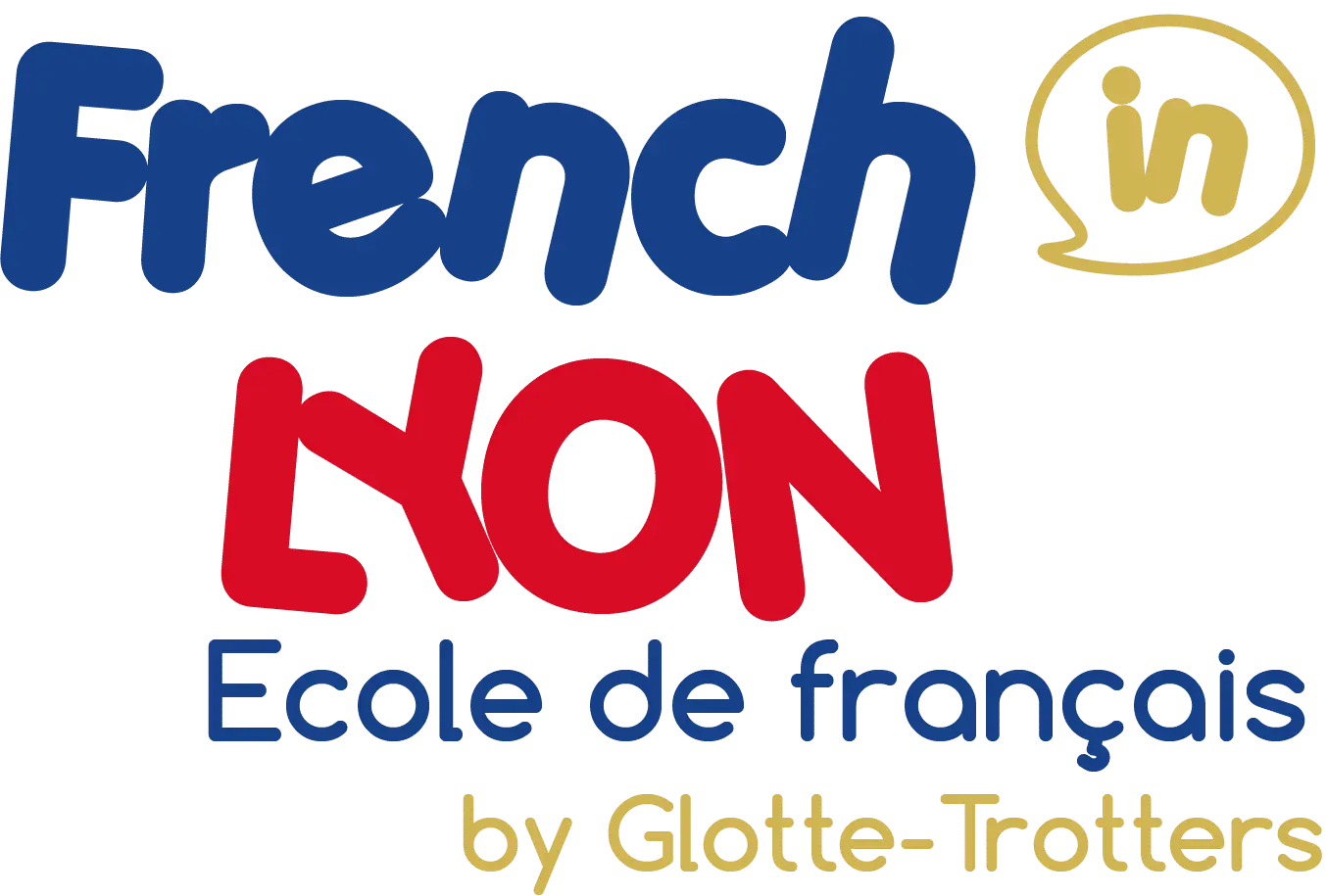 Logo of French in Lyon language school in blue, red, and gold on a black background, offering French courses by Glotte-Trotters.