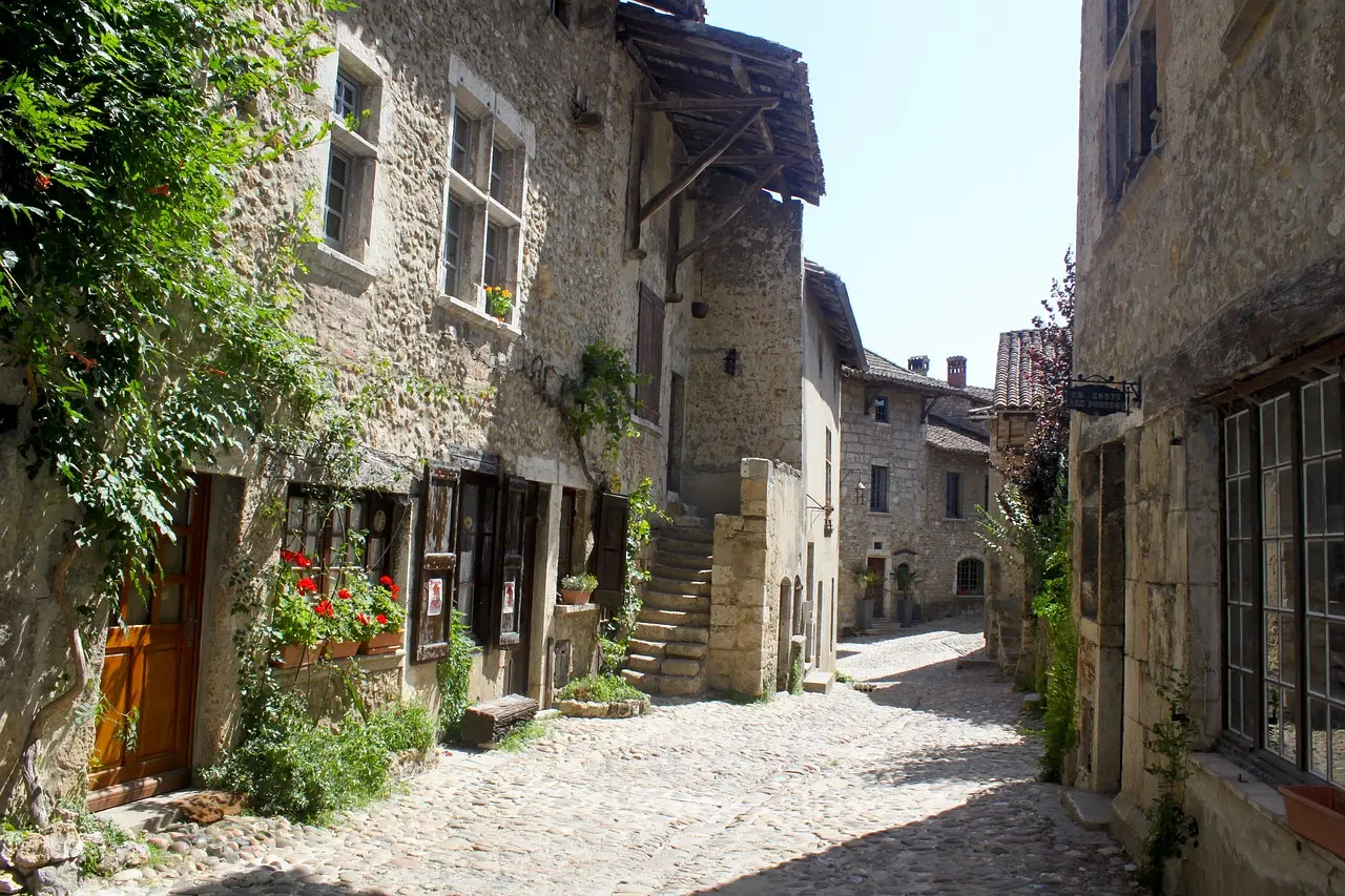 Medieval stone houses and cobbled streets in Pérouges, near Lyon, France