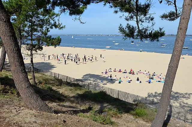 People doing fitness and yoga on the sandy beach of Arcachon, with boats and pine trees in the background