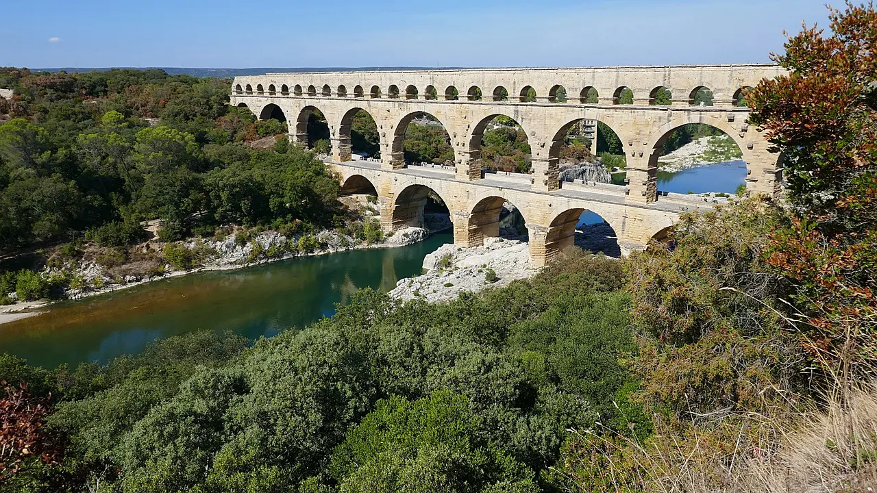 Pont du Gard Roman aqueduct near Montpellier, surrounded by lush nature