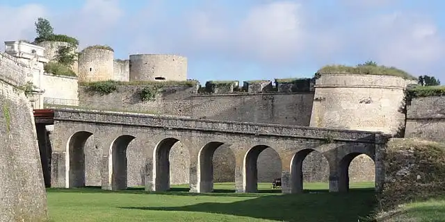 Stone fortifications and arched bridge of the Citadel of Blaye, a UNESCO World Heritage site in southwestern France