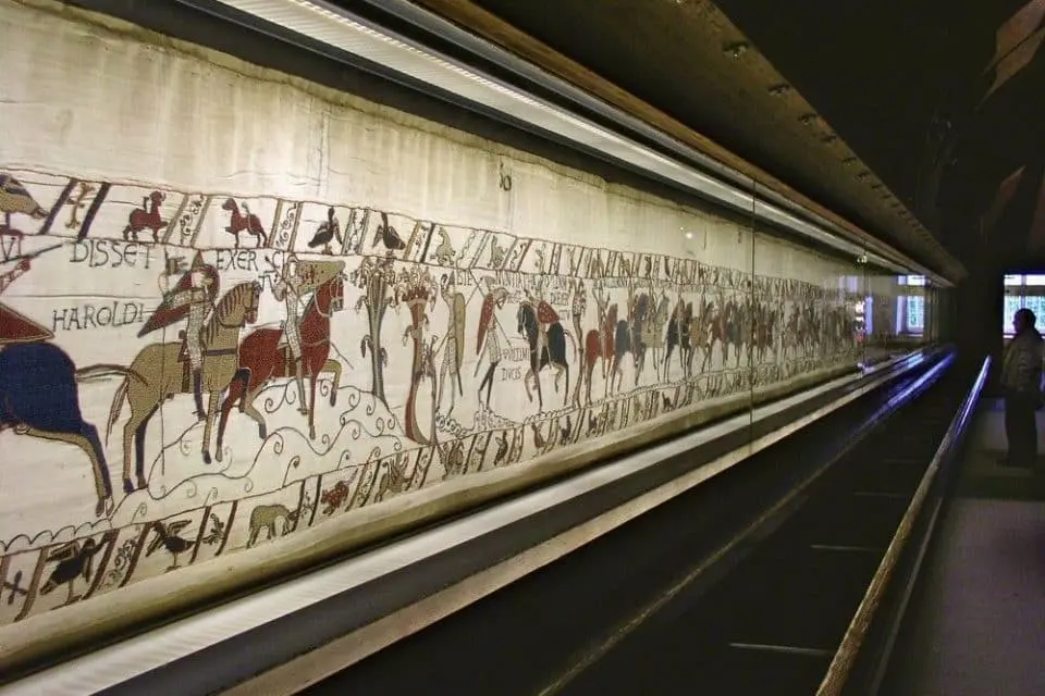 The Bayeux Tapestry depicting the Norman conquest of England in 1066, displayed at the museum in Bayeux, Normandy