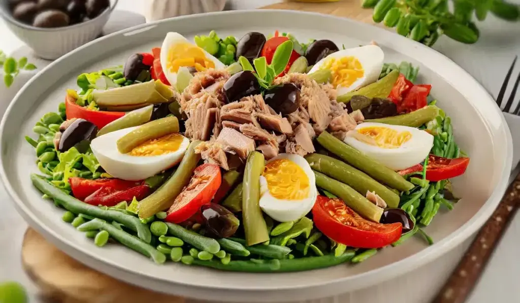 Traditional salade niçoise with tuna, eggs, and olives – French cuisine in Nice