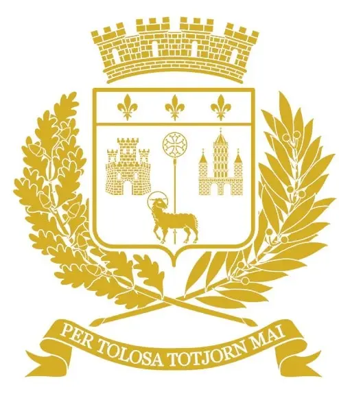 Golden coat of arms of Toulouse with the motto “Per Tolosa Totjorn Mai”