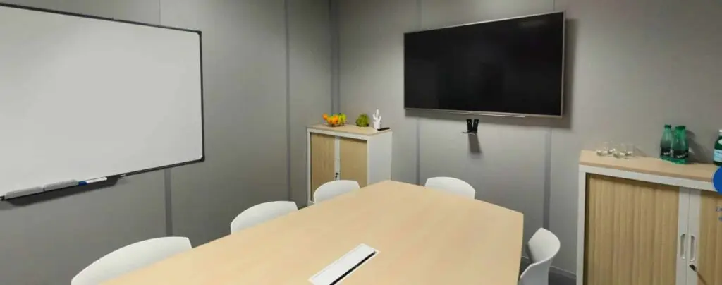 Modern French classroom in Nice with whiteboard and flat screen for language lessons