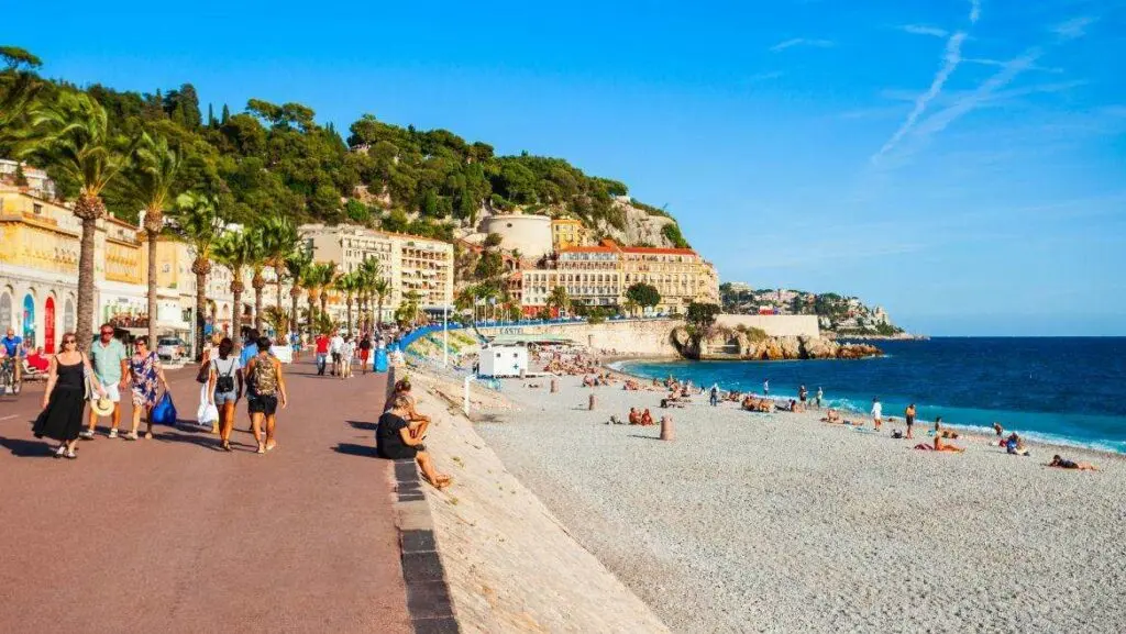 People walking along the Promenade des Anglais in Nice on a sunny day