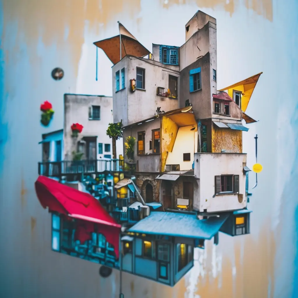 Surreal artistic collage of Paris rooftops, street art, art studios and cafés, representing how French language and culture blend in the everyday life of Paris.