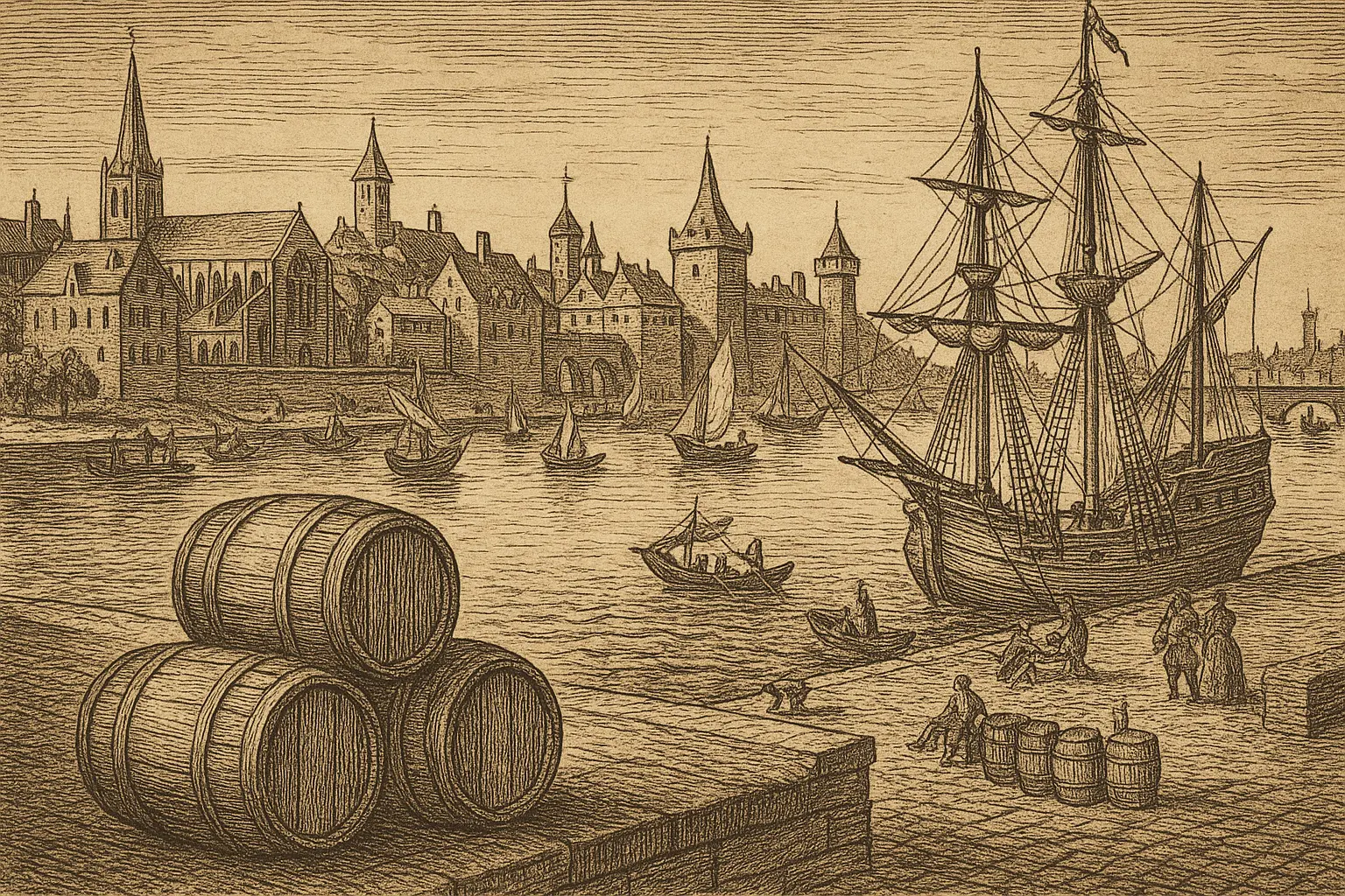 Renaissance engraving style of Bordeaux port with ships and wine barrels.