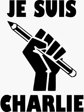 Black and white “Je suis Charlie” illustration showing a fist holding a pencil, symbolising freedom of expression and freedom of the press in France.