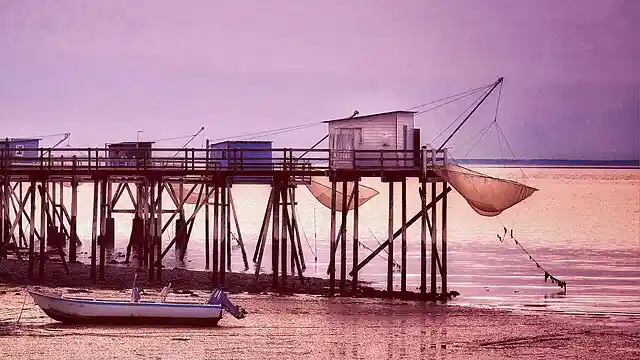 Wooden fishing hut on stilts with net in the Gironde estuary at sunset
